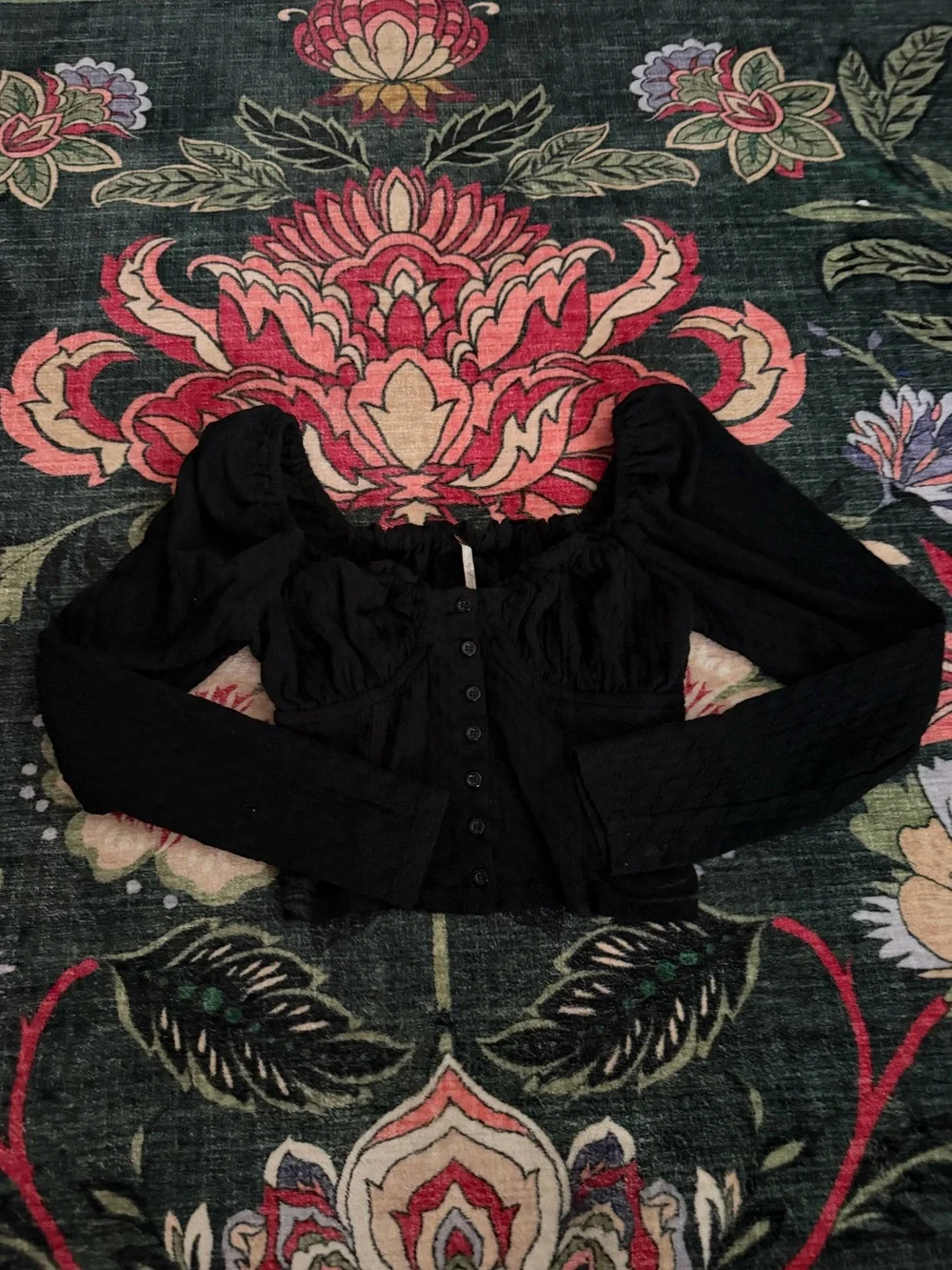 Free People Ladybug Top Black Smocked Puff Sleeve Crop Top Size S